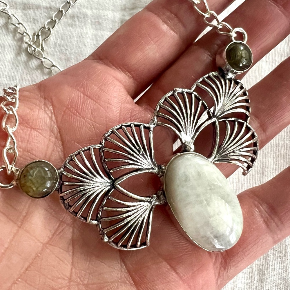 925 Stunning! Ornamental Fan Moonstone + Flash Labradorite Necklace Pendant